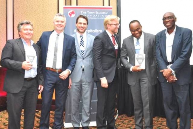 L-R: Mark Pearson, one of the editors of Africans Investing in Africa; editor Dr. Terence McNamee, Deputy Director of the Brenthurst Foundation; David Rice, Director of The Tony Elumelu Foundation s Africapitalism Institute; editor Dr. Wiebe Boer, Director of Strategy at Heirs Holdings; Uche Orji, Managing Director & Chief Executive Officer of the Nigeria Sovereign Investment Authority; and Dr. Ayo Ajayi head of Africa for the Gates Foundation during the Launch of the book Africans Investing in Africa by Nigeria-based Tony Elumelu Foundation and the Oppenheimer family s Brenthurst Foundation on the sidelines of the World Economic Forum Africa meeting in Cape Town.
